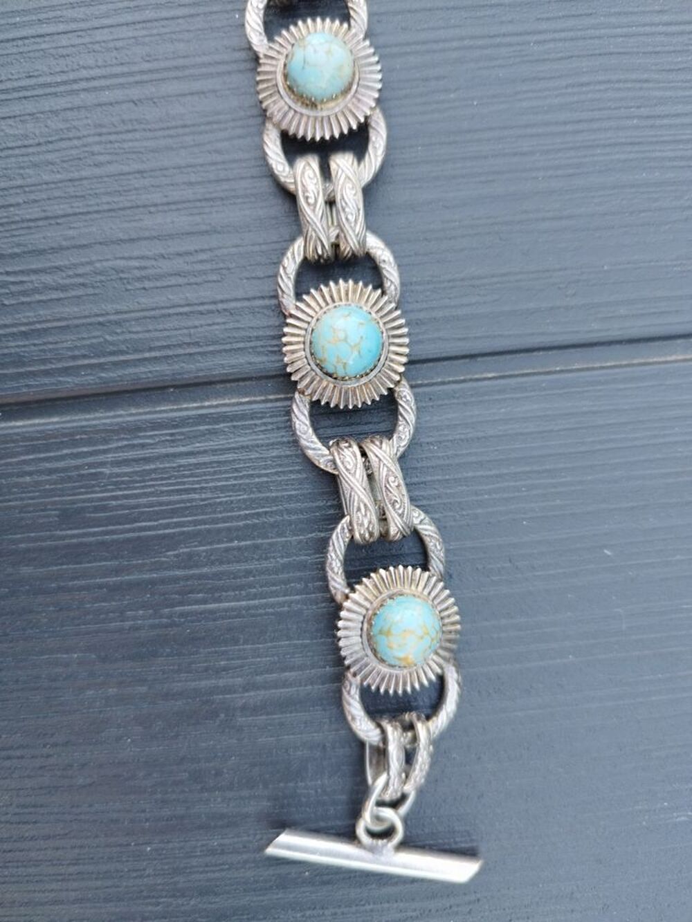 BRACELET Vintage M&eacute;tal argent&eacute;, TURQUOISES/ann&eacute;es 60 Bijoux et montres