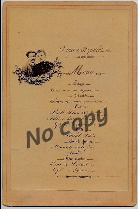 Photographie Cartier Le Mans, Menu Diner du 31 Juillet 1894 0 Loches (37)