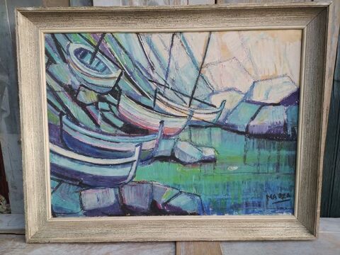 Tableau Marine Bateaux Barques Signé MARRA Expressionnisme 
130 Loches (37)
