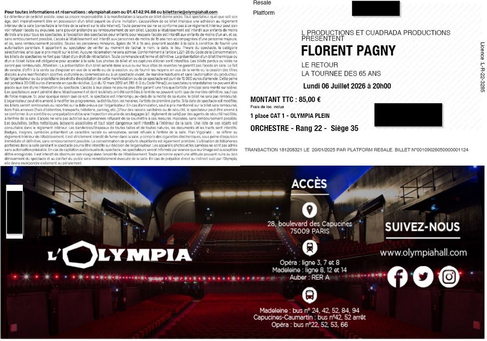 Billets concert Florent PAGNY &agrave; l'Olympia Billetterie