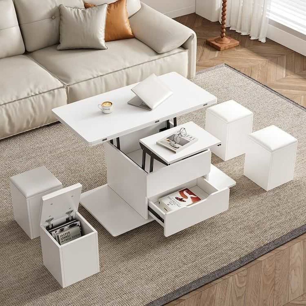 Table basse pliable avec plateau relevable + 4 tabourets et rangement Meubles