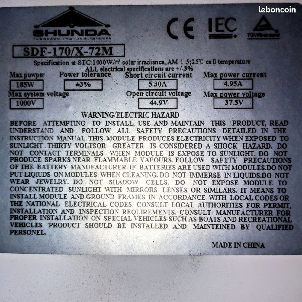 19 panneaux solaires mono 37v Electroménager