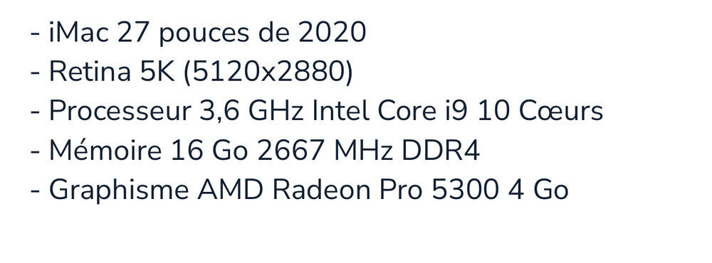 IMac i9 10 c?urs (Retina 5K, 27 pouces, 2020) 1 TO Matériel informatique