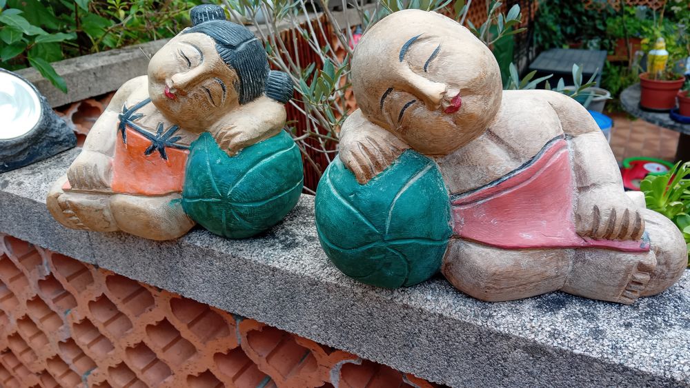 Bouddha couple de jeunes enfants asiatiques en bois massif Décoration