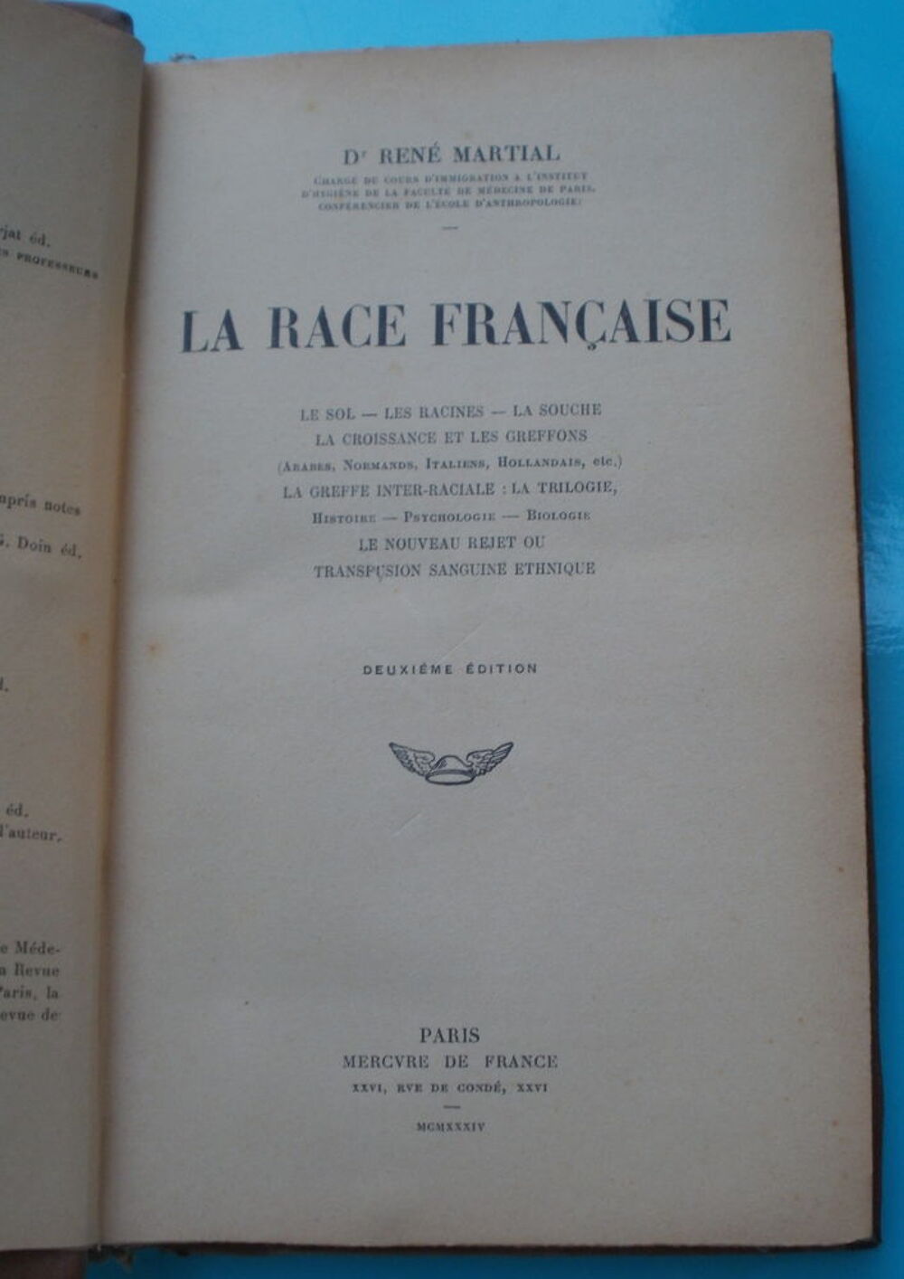 1934 - Dr Ren&eacute; MARTIAL : la race fran&ccedil;aise Livres et BD