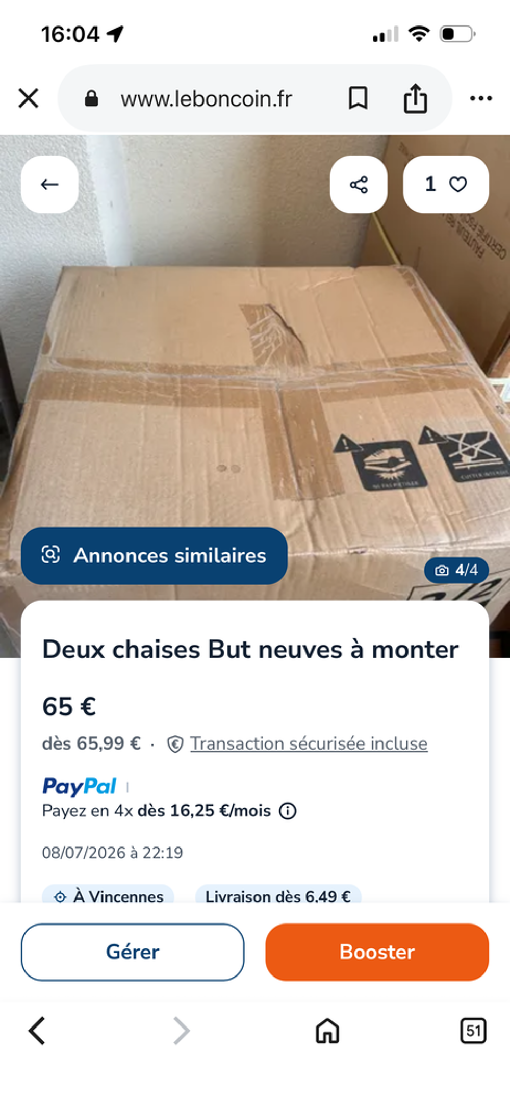 Lot de deux chaises neuves noires dans cartons marque But Meubles