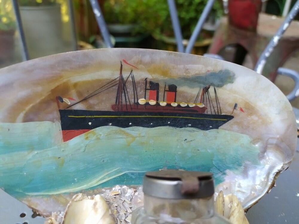 Souvenir D&eacute;but XX&egrave;me Encrier Coquillage Peint Paquebot 