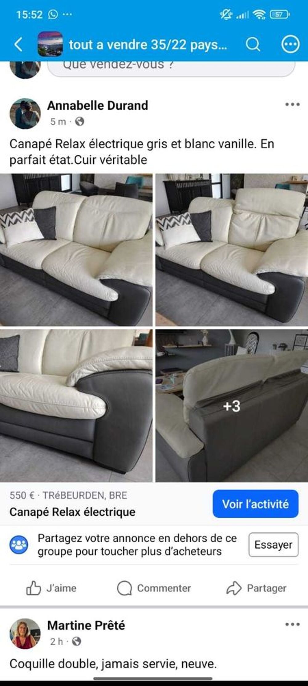 canap&eacute; relax "cuir Pleine peau" ivoire et gris "confortable. Meubles