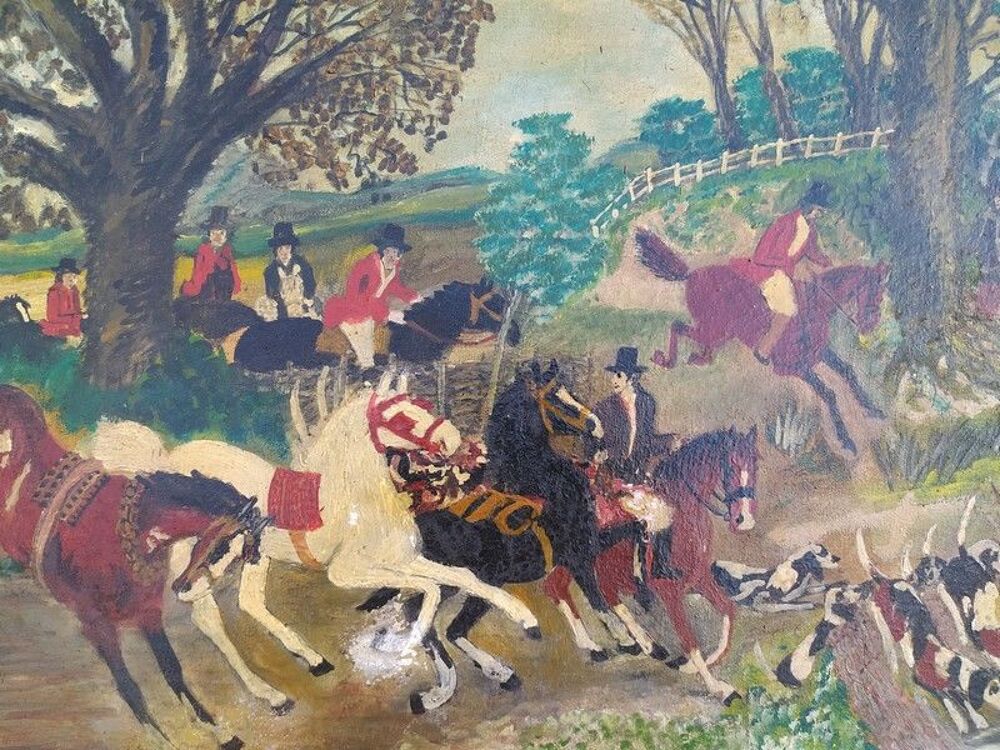 Tableau Peinture Na&iuml;ve Anglaise Sc&egrave;ne de Chasse &agrave; Courre 