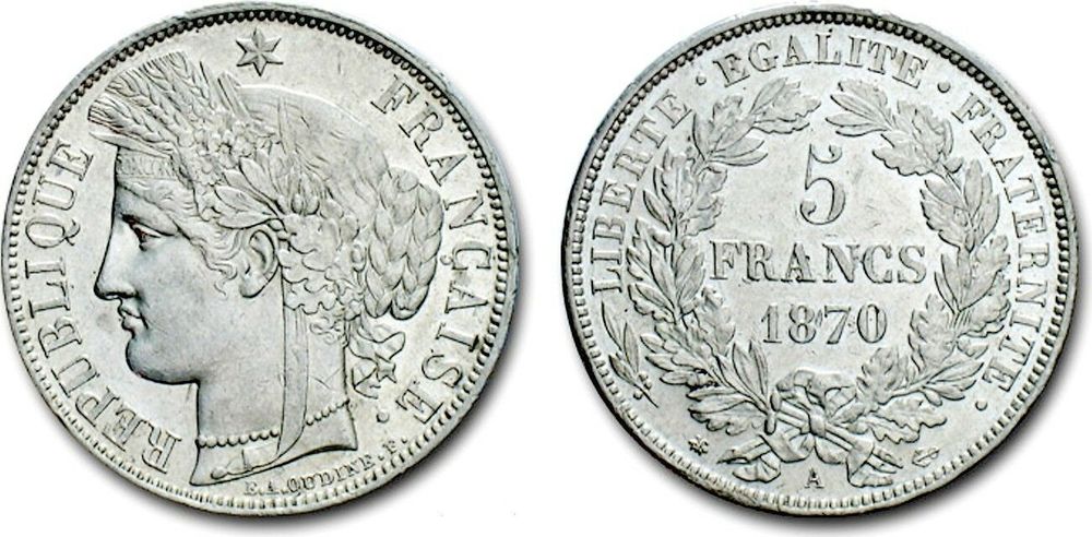 RARE MONNAIE F 333/1 5 F CERES 1870 A SPL 