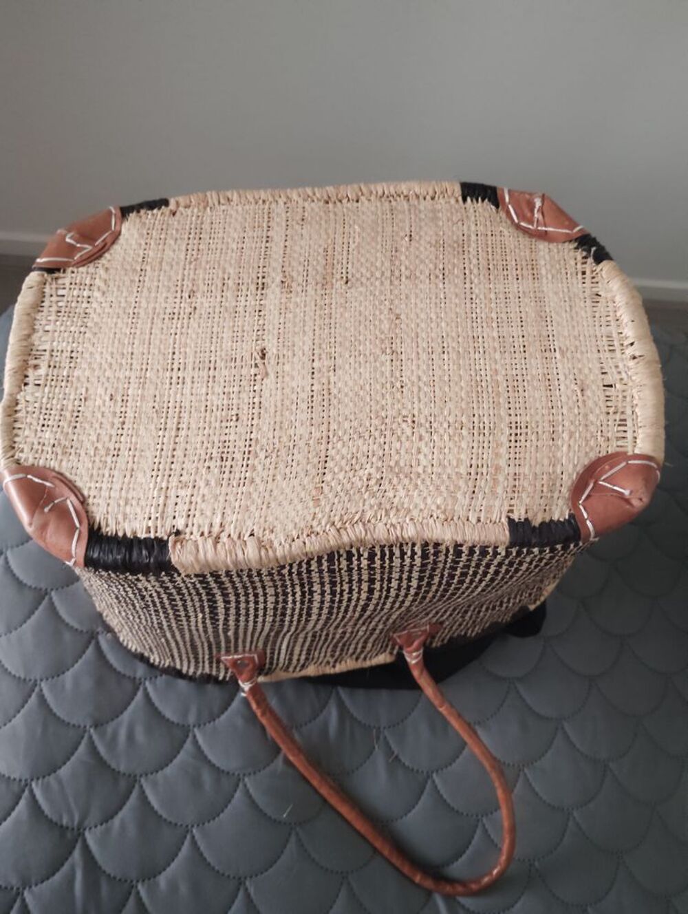 Panier en osier &agrave; anses cuir Maroquinerie