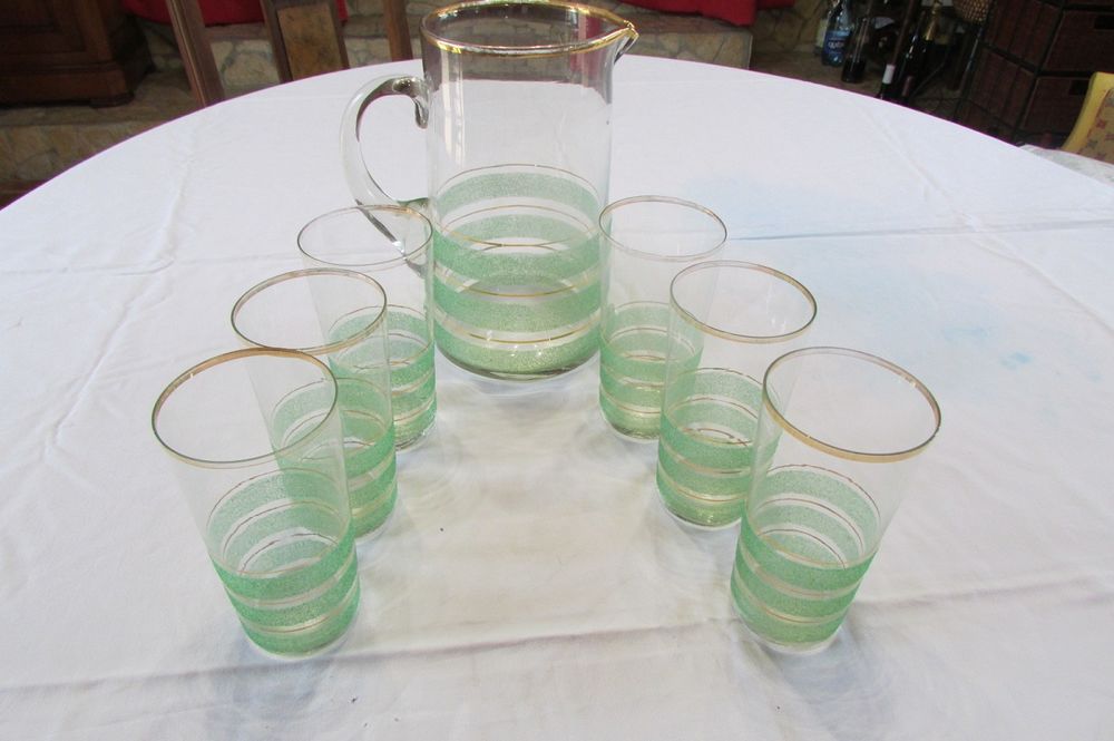 Service &agrave; orangeade des ann&eacute;es 50, verre sabl&eacute; et dorure Décoration