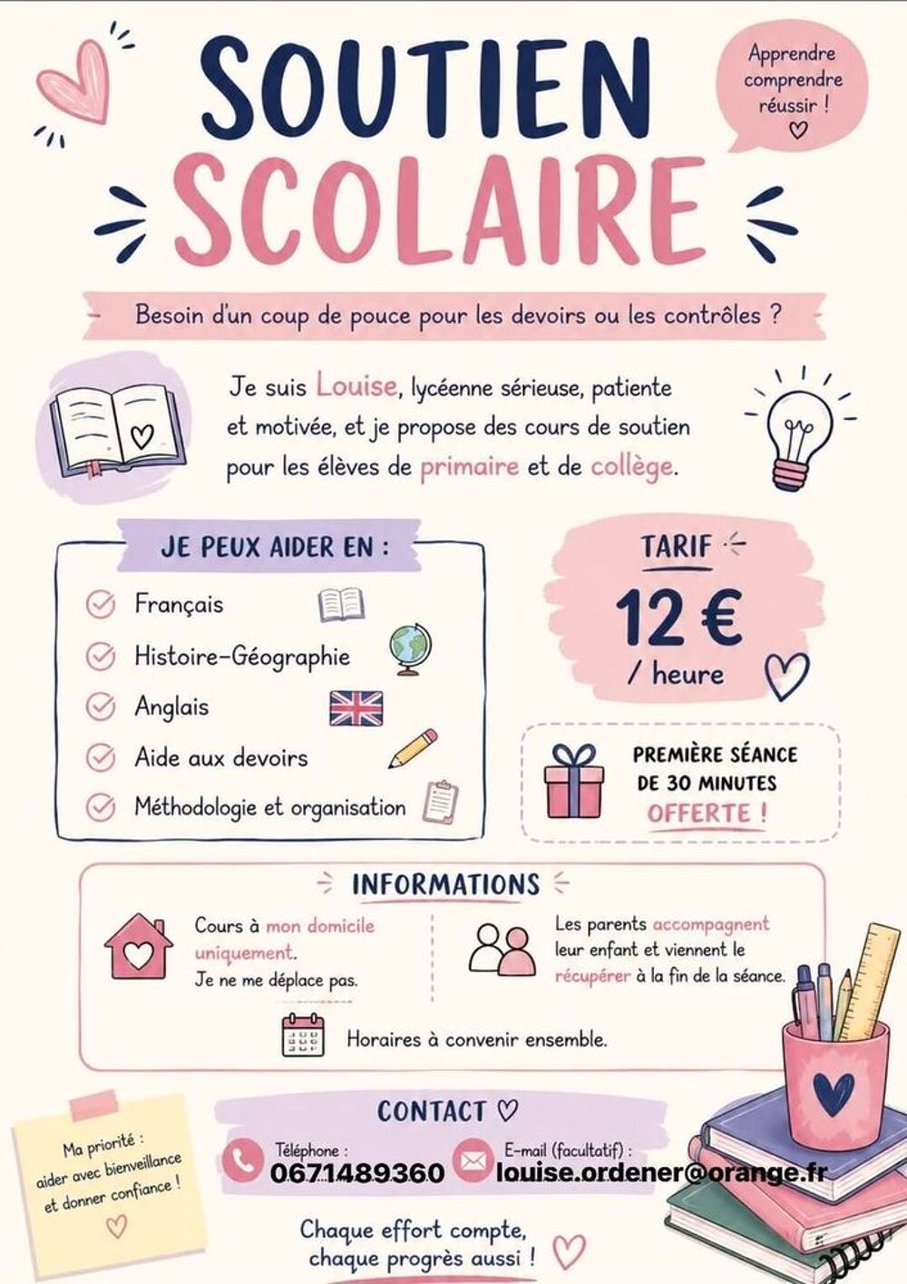   Soutien scolaire , aide aux devoirs.  