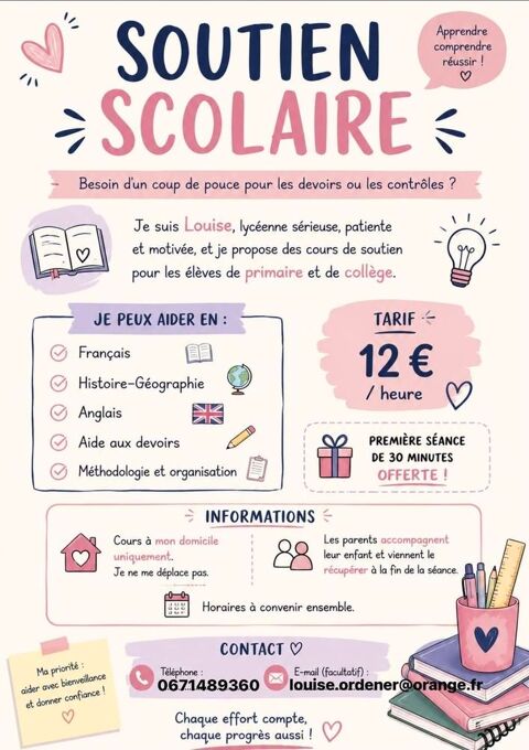 Soutien scolaire , aide aux devoirs.  0 57550 Merten