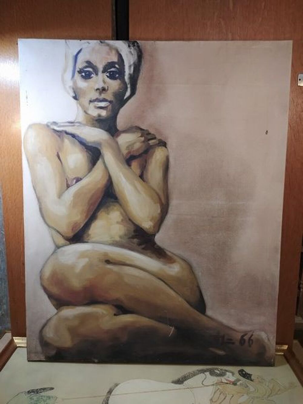 Ancien Tableau Portrait de Femme Nue Sign&eacute; et Dat&eacute; 1966. Décoration