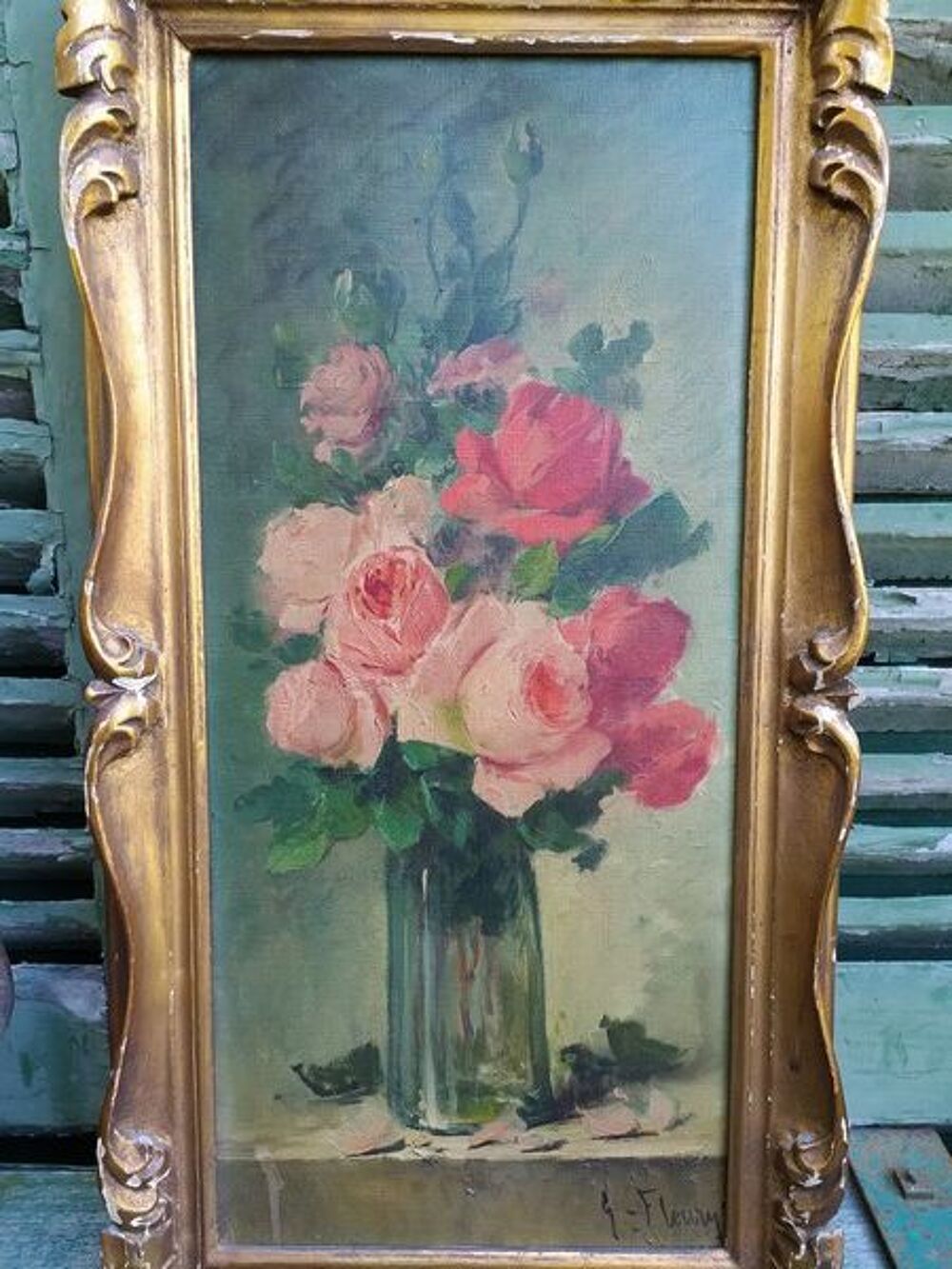 Tableau Huile sur Toile Bouquet de Roses Sign&eacute; G. Fleury 