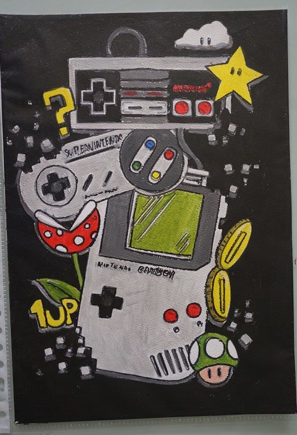peinture - gamer r&eacute;tro - sur papier aquarelle format A4 Décoration