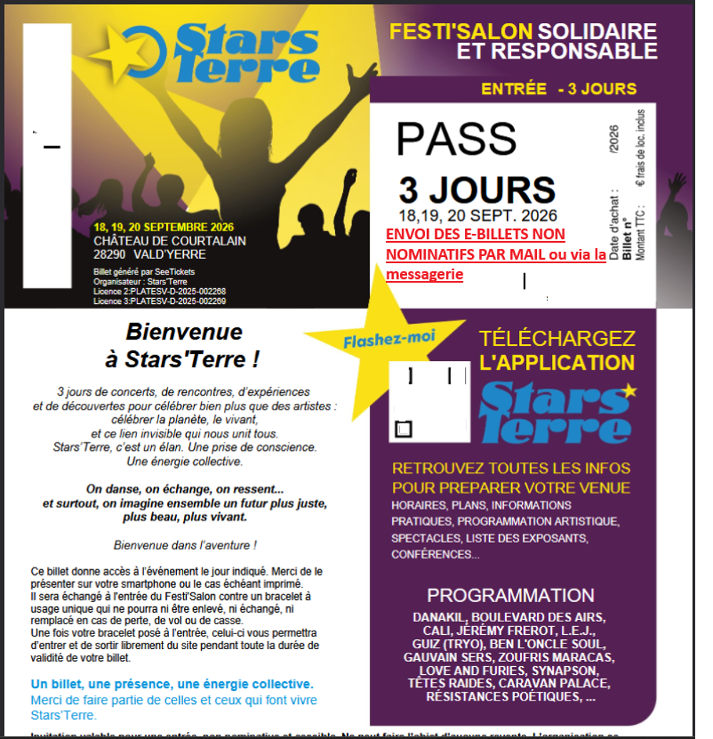 1 pass 3 jours pour le festival Stars'Terre Festi'Salon Billetterie