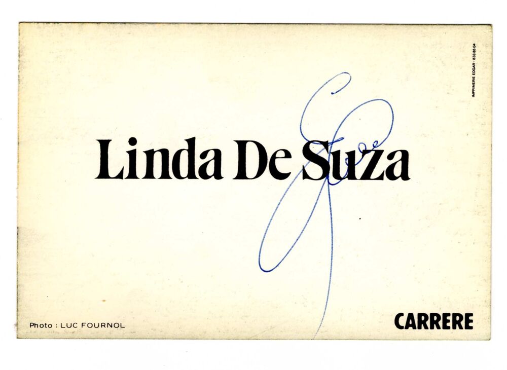 Autographe de Linda de SUZA sur carte Carr&egrave;re 