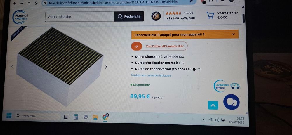 Filtre &agrave; charbon pour hotte BOSCH Neuf Electromnager