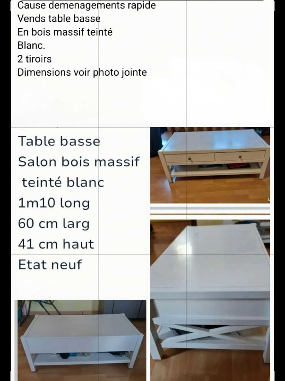table basse bois massif teint&eacute; blanc Meubles