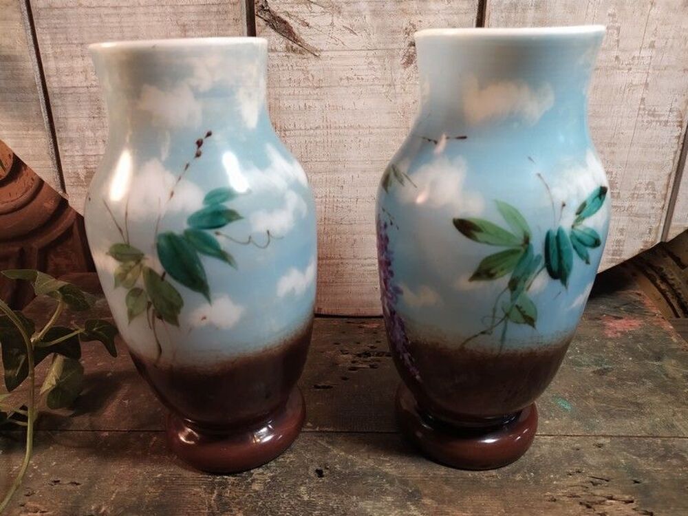 Vases Verre Opaline Peint &Eacute;maill&eacute; Fleurs de Lilas Dcoration