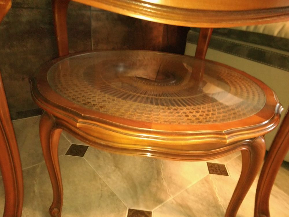 Belle table basse merisier, tresse et vitrage diametre 85 Meubles