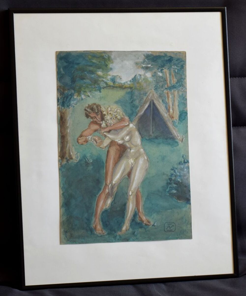 Aquarelle Henry Villet - L' Etreinte - Cachet - 35 x 24 cm. 