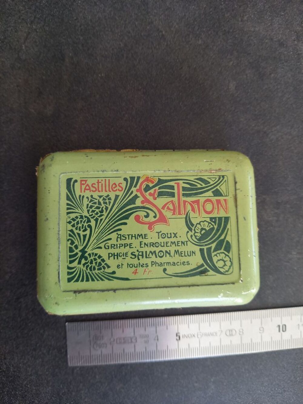 Boite m&eacute;tal ancienne Pastilles Salmon Asthme Toux Grippe Enr 
