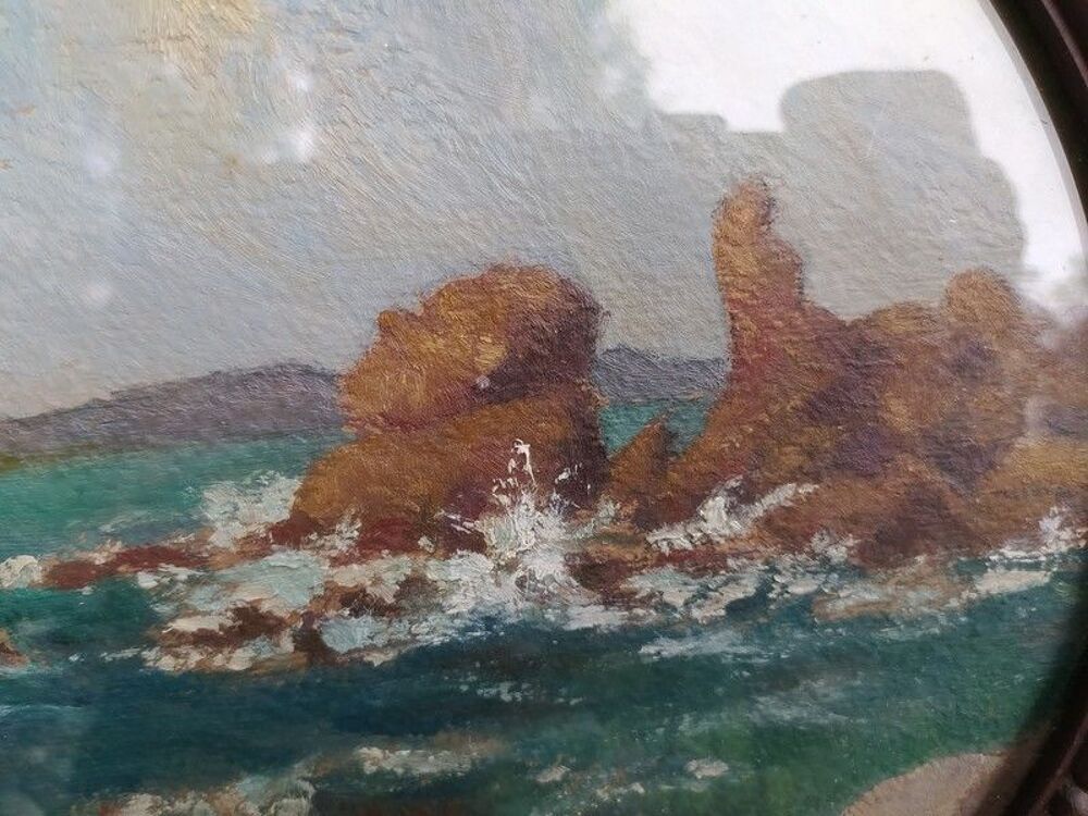 Ancien Tableau Paysage Marin Mer Agit&eacute;e Cadre Ovale 