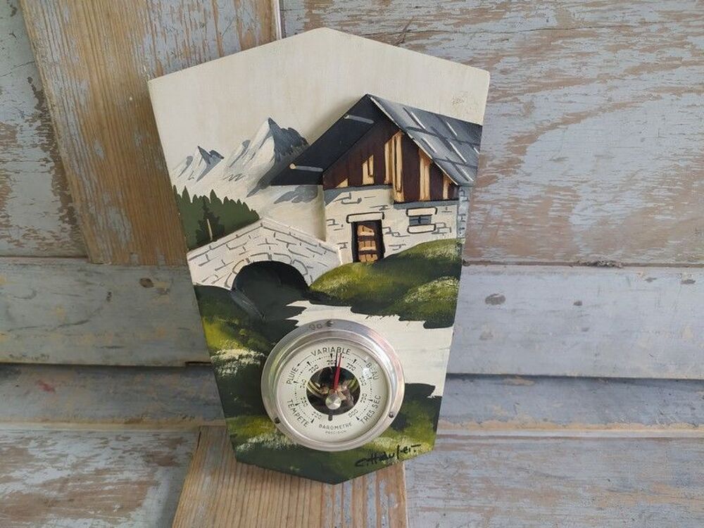 Barom&egrave;tre Bois Sculpt&eacute; Chalet Montagne C. Hauler 1950 Décoration