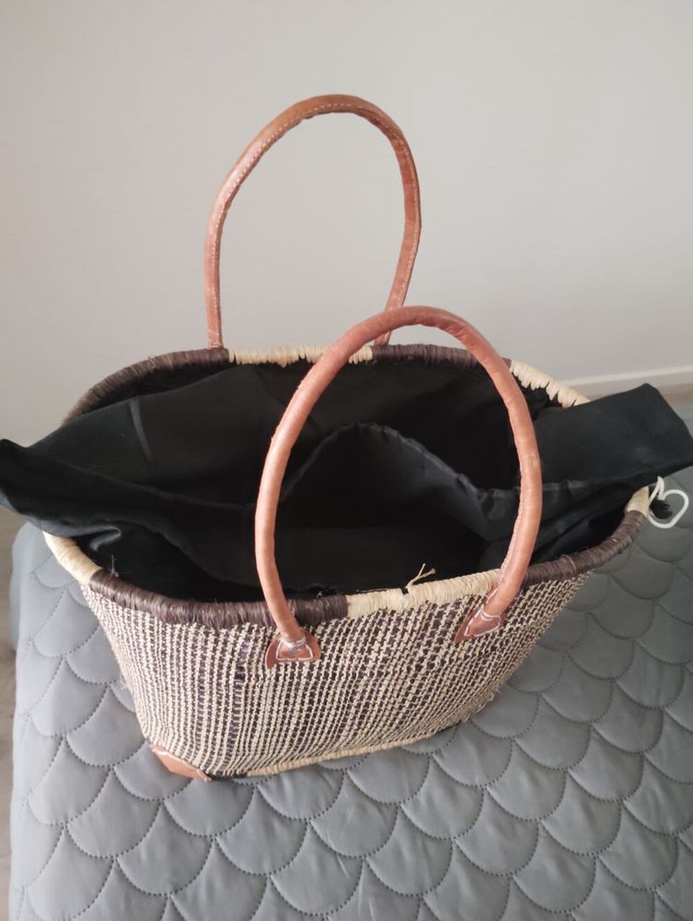 Panier en osier &agrave; anses cuir Maroquinerie