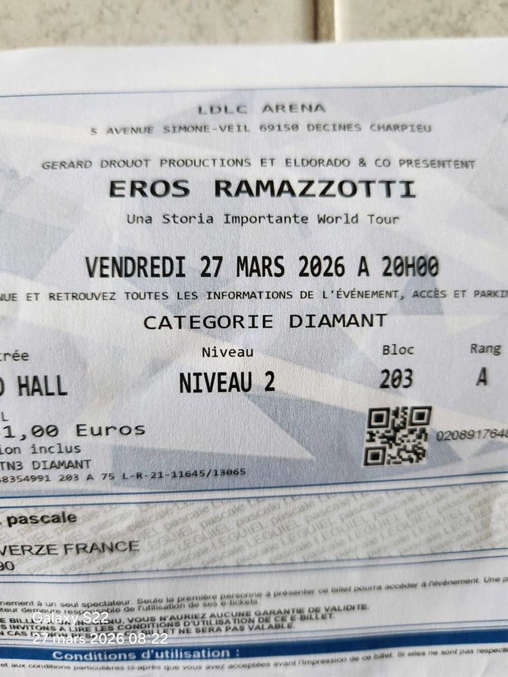 2 places concert eros ramazzotti Billetterie