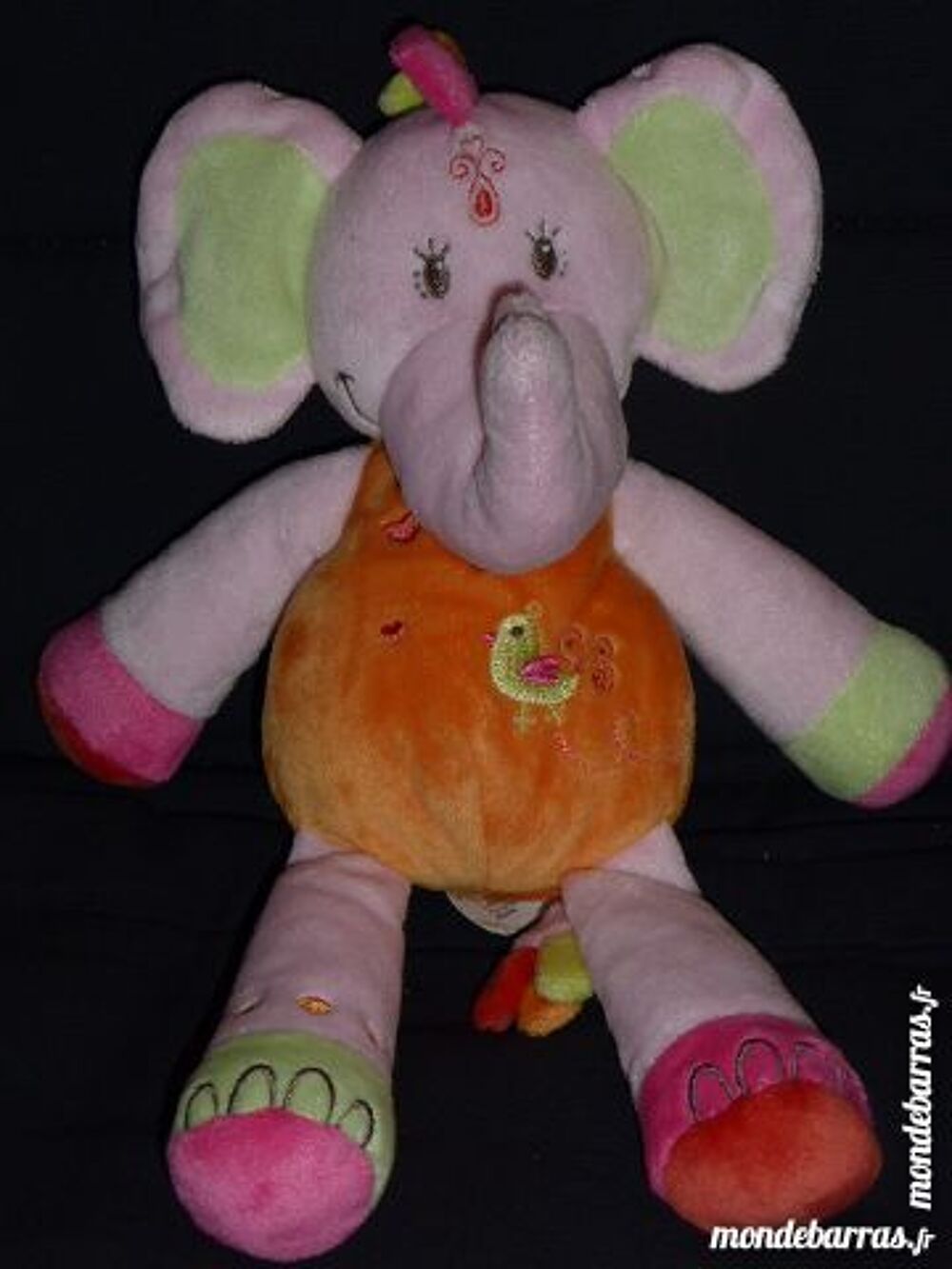 DOUDOU &eacute;l&eacute;phant rose/orange oiseau NICOTOY Puériculture