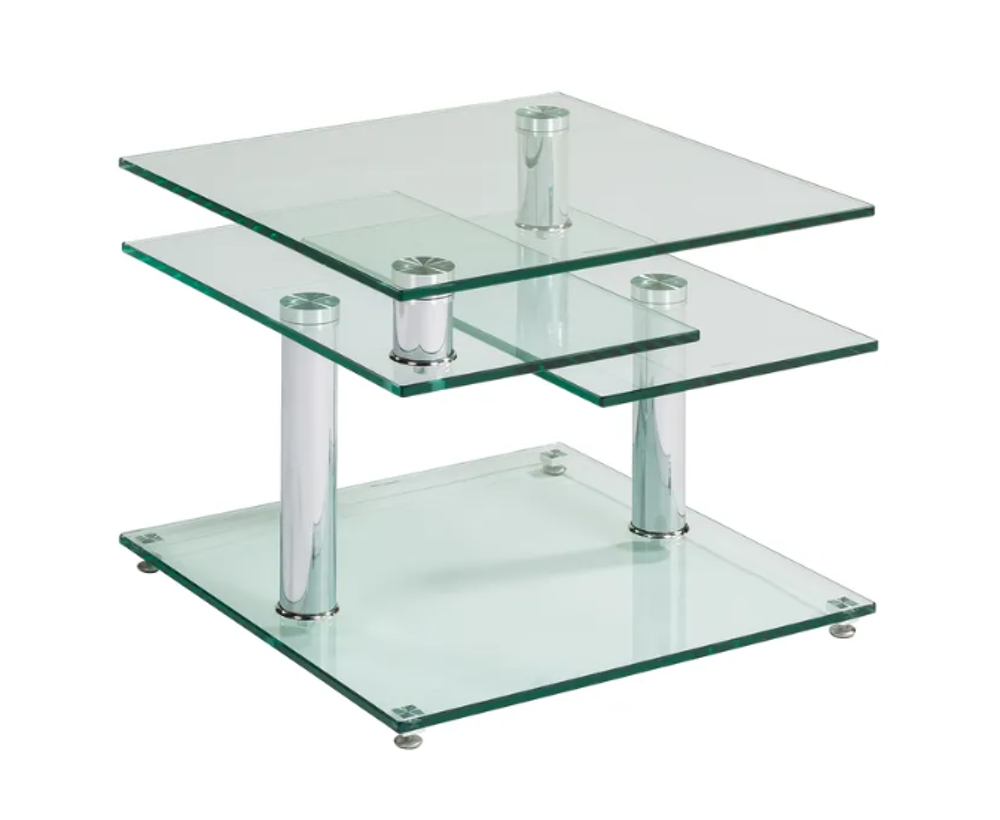 Table basse verre tremp&eacute; et chrom&eacute; avec plateaux pivotants Meubles