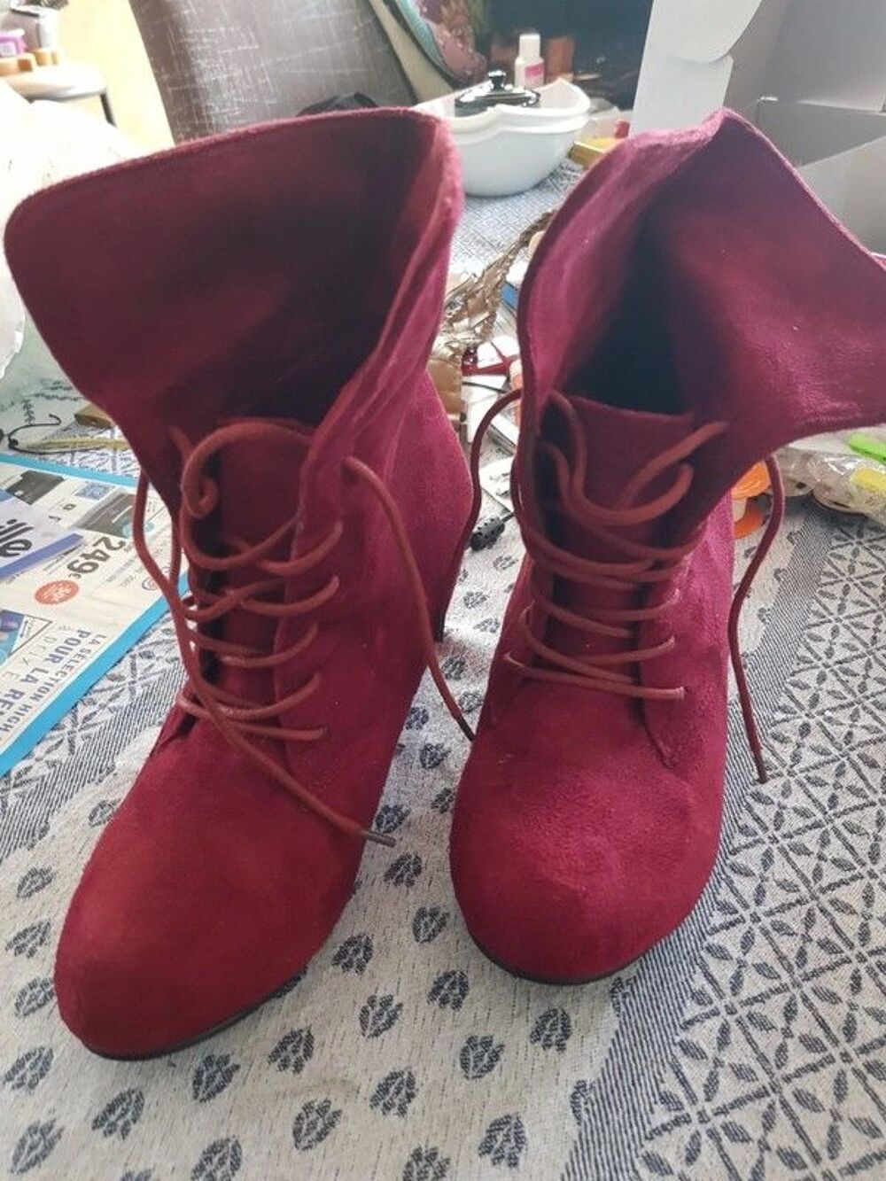 Bottines rouge &agrave; lacets talons compens&eacute;s neuve marque women Chaussures