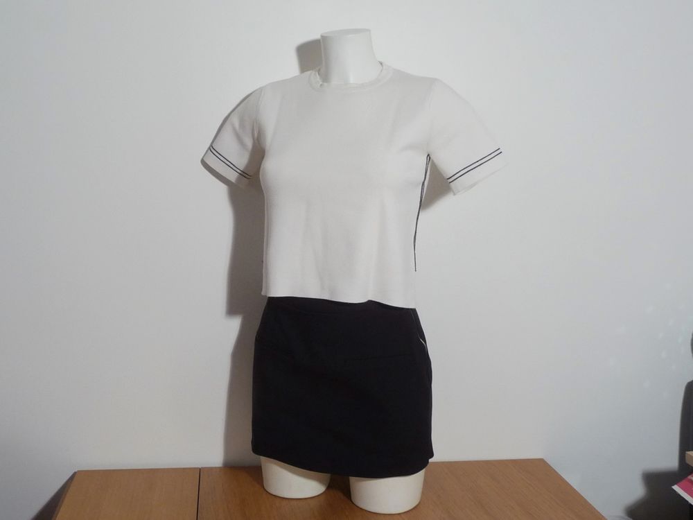 Top/ Pull Court Blanc &agrave; 2 Bandes Marine- Taille S- Zara Vêtements