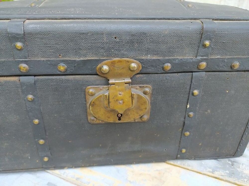 Ancien Petit Coffre Malle de Poup&eacute;e Bois Tissus XIX&egrave;me Décoration