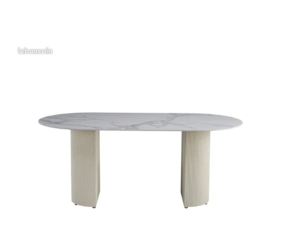 Table &agrave; manger ANNA plateau en c&eacute;ramique marbr&eacute; blanc L 180 cm Meubles