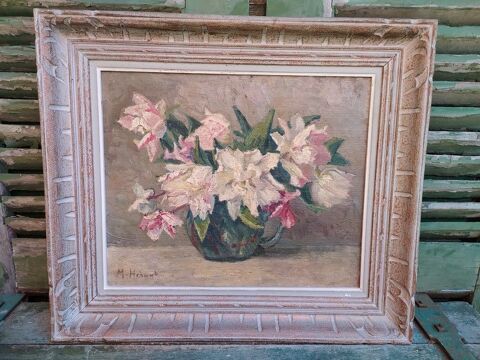 Ancien Tableau Bouquet de Fleurs Pivoines Signé M. Hérault 180 Loches (37)