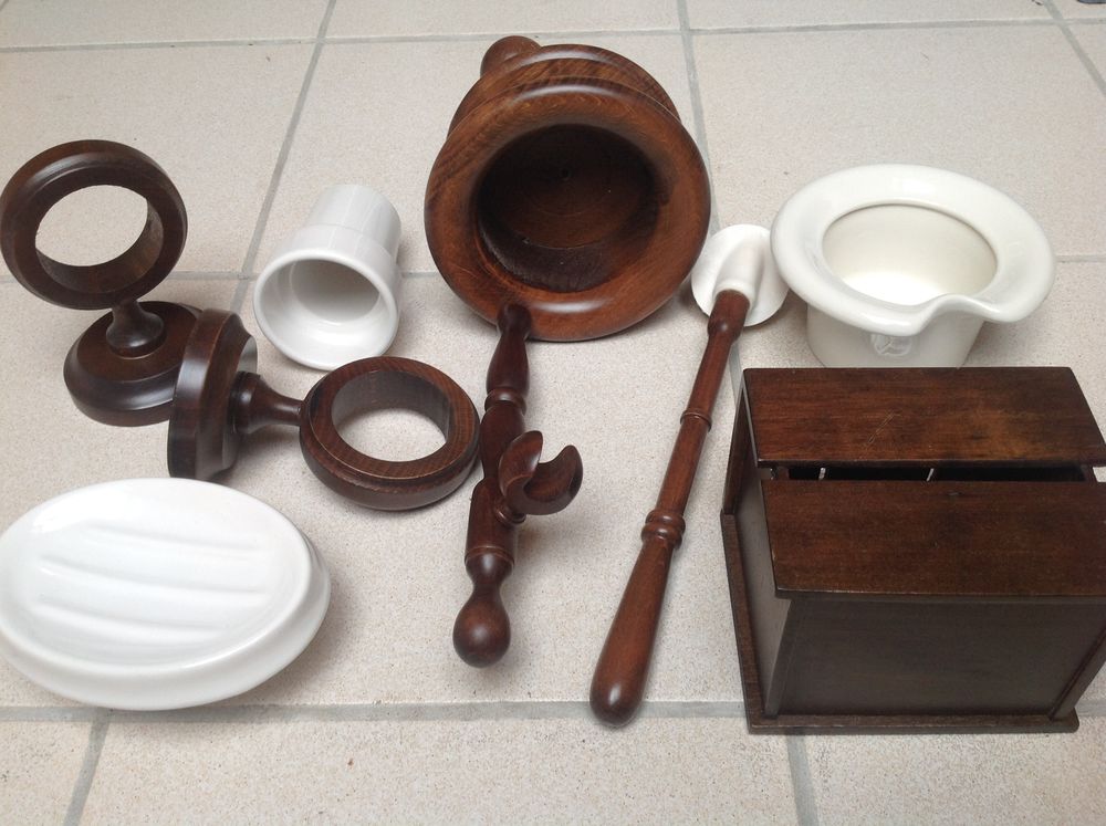 ENSEMBLE ACCESSOIRES SALLE DE BAIN BOIS et FAIENCE Envoi Pos Décoration