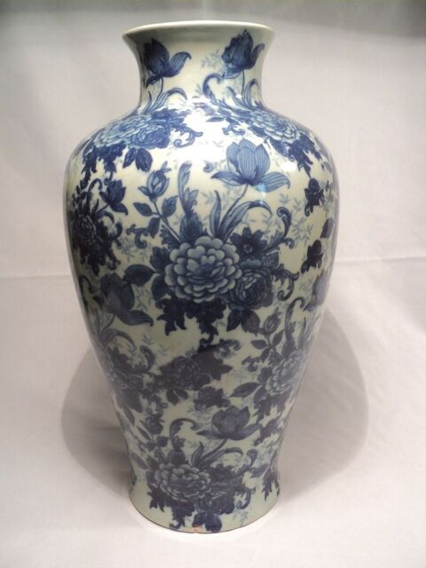 Grand Vase Porcelaine Style Chine Céladon Décor Fleurs  80 Loches (37)