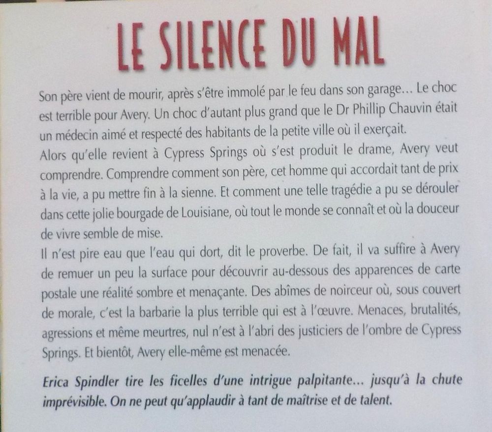 LE SILENCE DU MAL Erica SPINDLER Harlequin Best Sellers 200 Livres et BD
