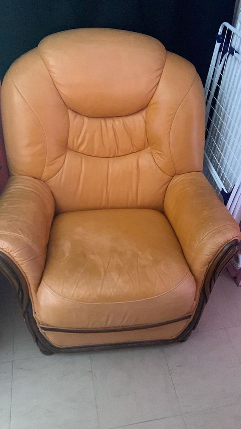 Canap&eacute; 3 places , en cuir beige clair, avec ses 2fauteuils Meubles