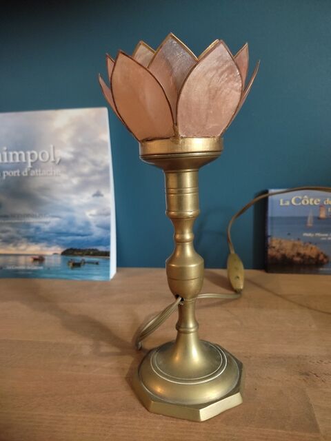 Lampe chevet fleur lotus nacre rose poudr base laiton dp 01 45 Ploubazlanec (22)