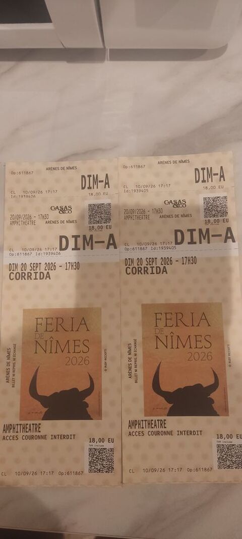 2 places corrida Nîmes Amphithéâtre 20/09/26 17h30 14 Le Grau-du-Roi (30)