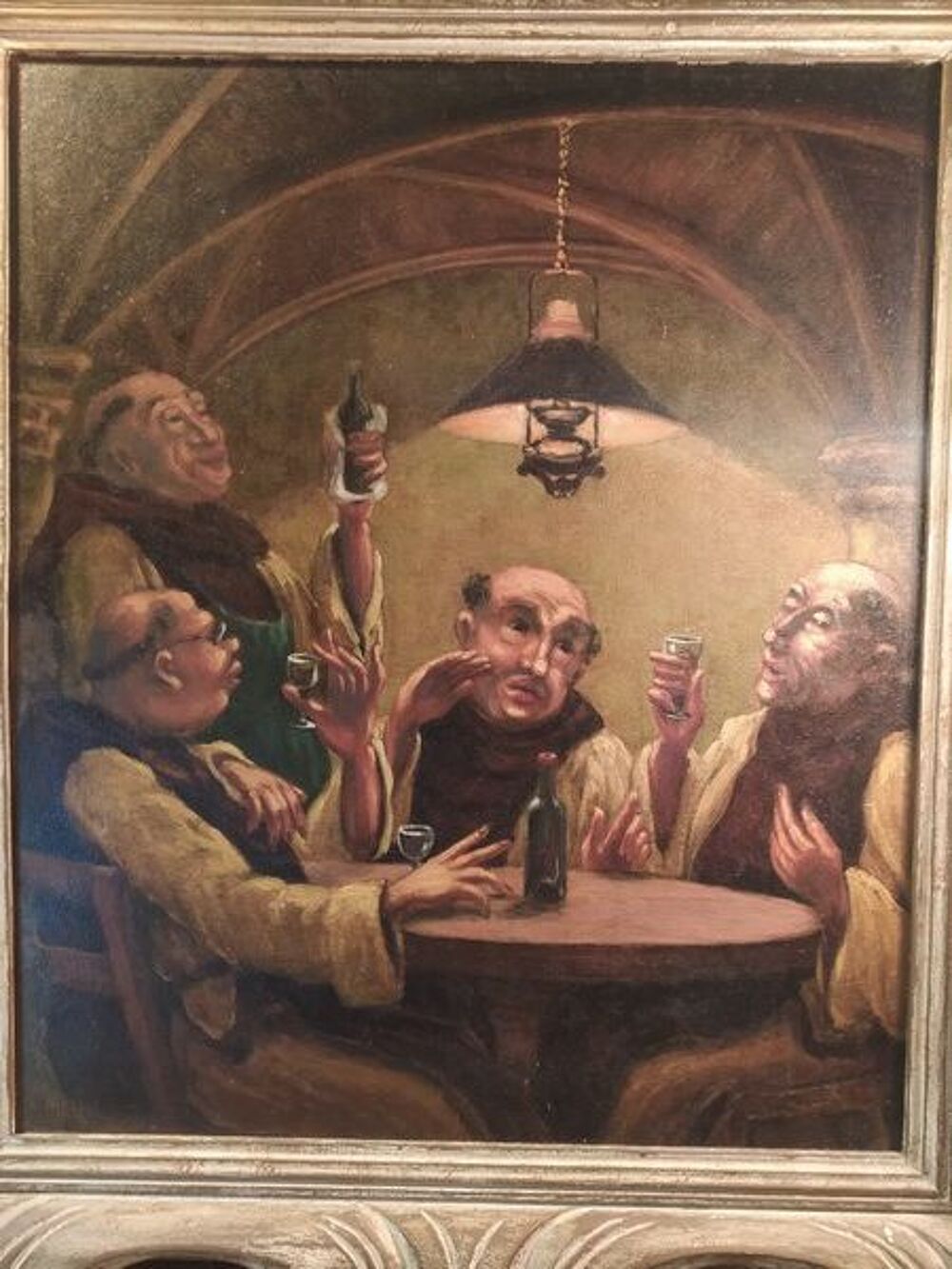 Tableau Moines Buvants Cadre Ancien Décoration