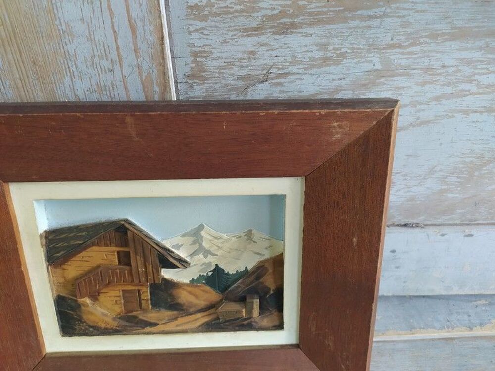 Tableau Chalet Montagne Bois Sculpt&eacute; Art Populaire Hauler 01 Décoration