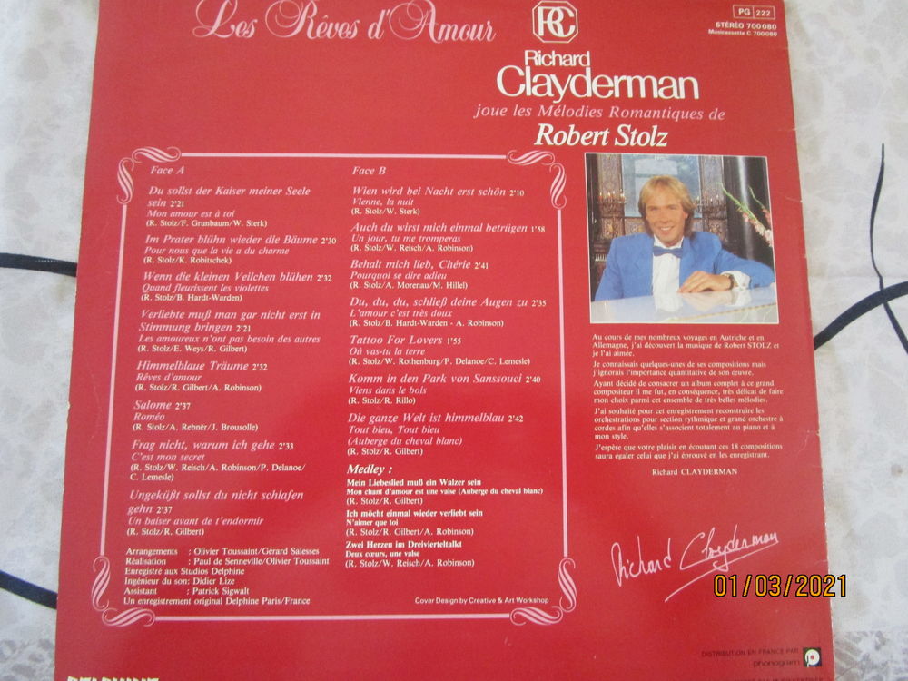 vinyle "r&ecirc;ves d'amour" de RICHARD CLAYDERMAN CD et vinyles
