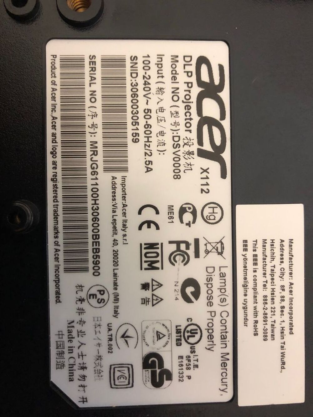 vid&eacute;o projecteur ACER DSV0008 Matériel informatique